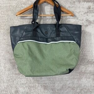 Lululemon Large Tote Bag Black Faux Leather Green Fabric Gym Travel Yoga Zipper
